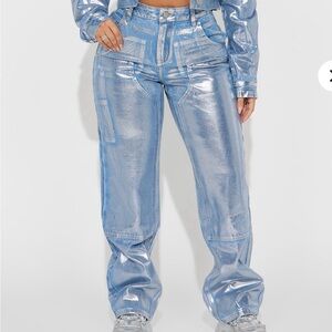 Fashion Nova Big Time Magic Metallic Coated Straight Leg Jeans - Light Wash